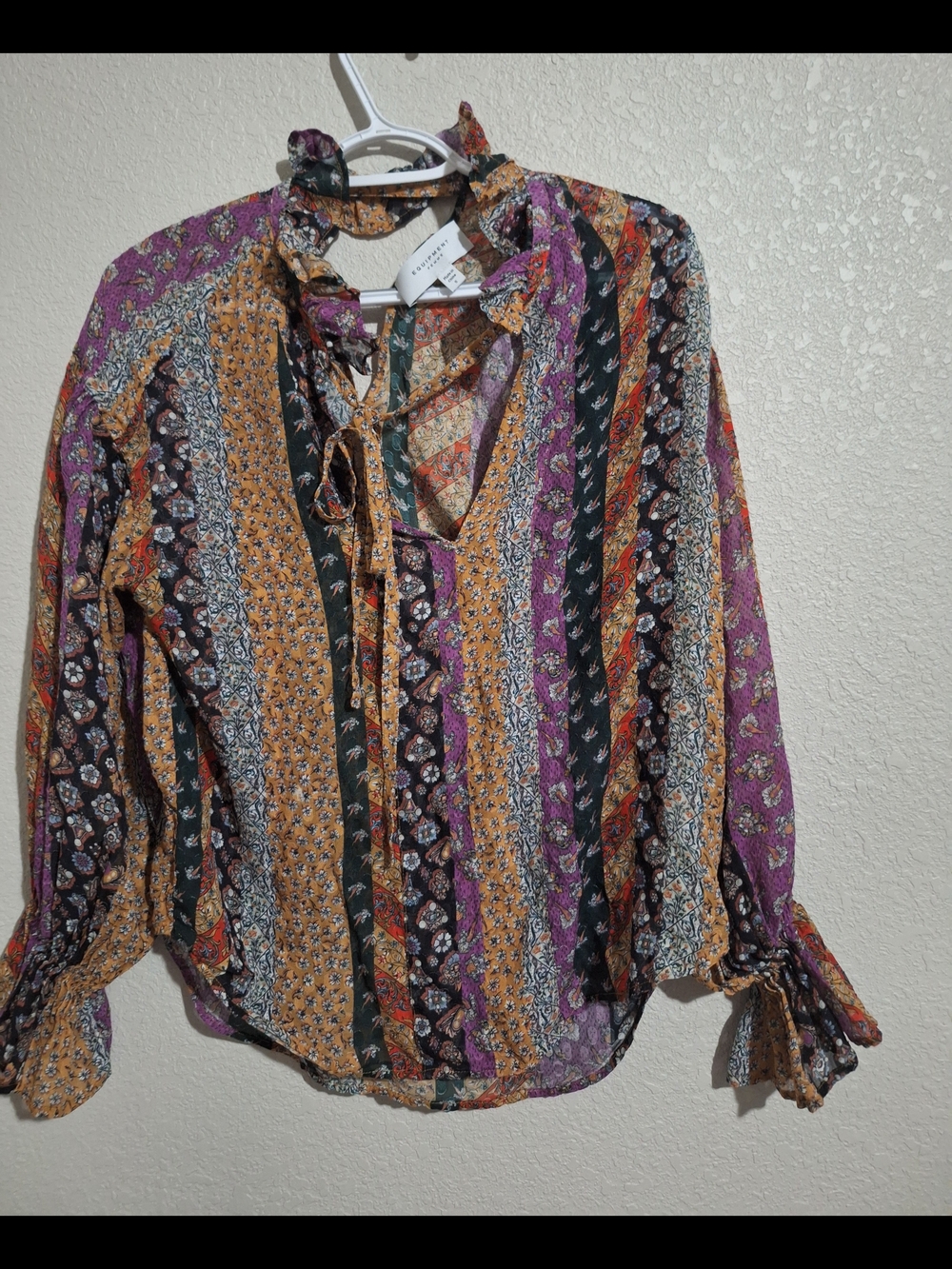 Equipment Multicolor Striped Ruffle Tie-Neck Blouse